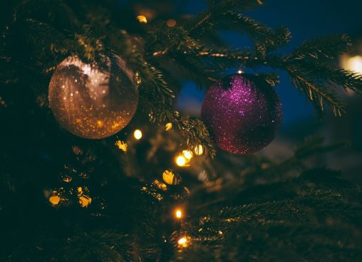 Boules de Noël sur une branche de sapin