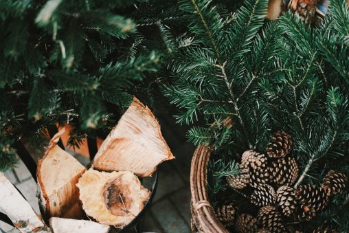 Pot extérieur avec sapin, pommes de pin et bûches de bois